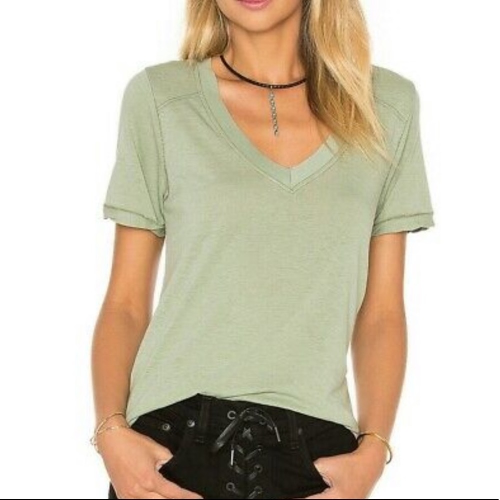 Free People Pearls Green Raw Edge V-neck Tee